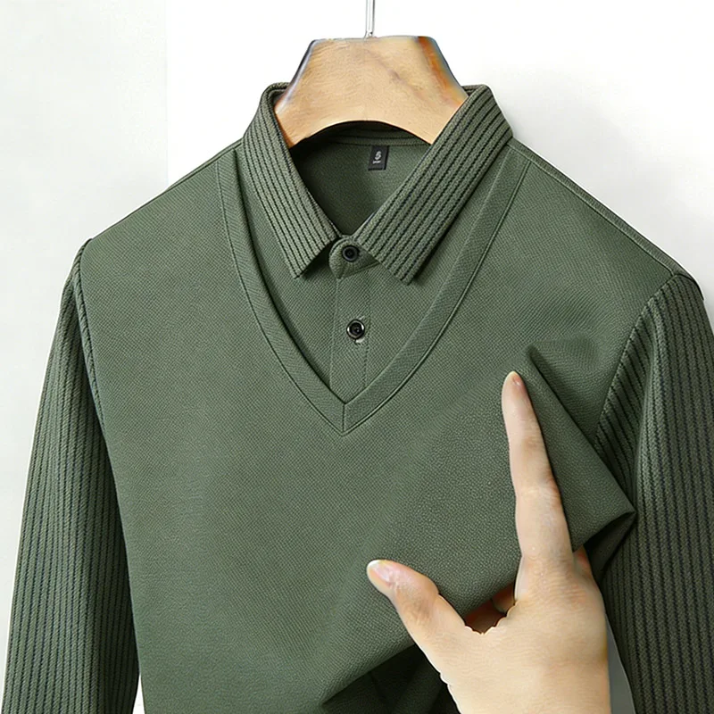 メンズフェイクツーピースシャツ襟 V ネック長袖トップカーキ - Golf Tees のレビューと価格